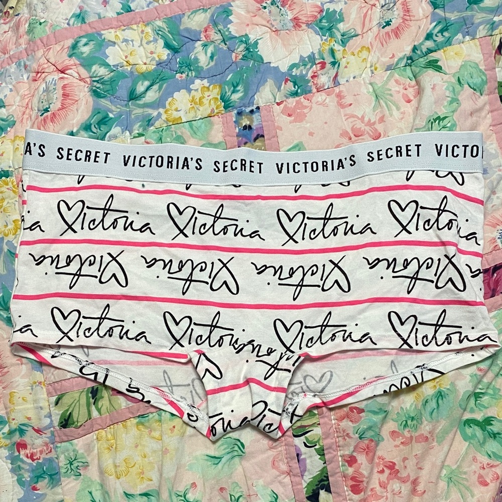 Victoria's Secret White Boyshorts with Black Script and Red Lines
